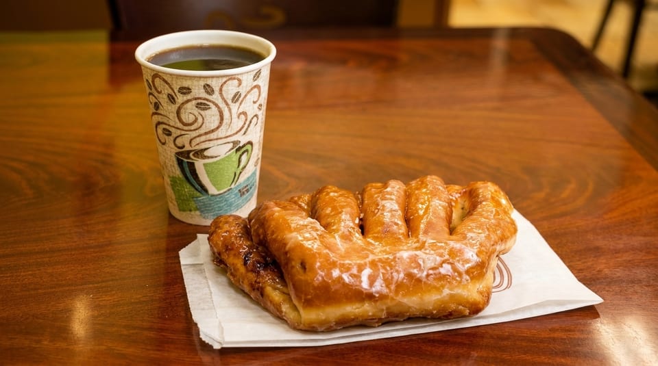 A glazed bear claw pastry on a white napkin next to a cup of coffee on a wooden table.