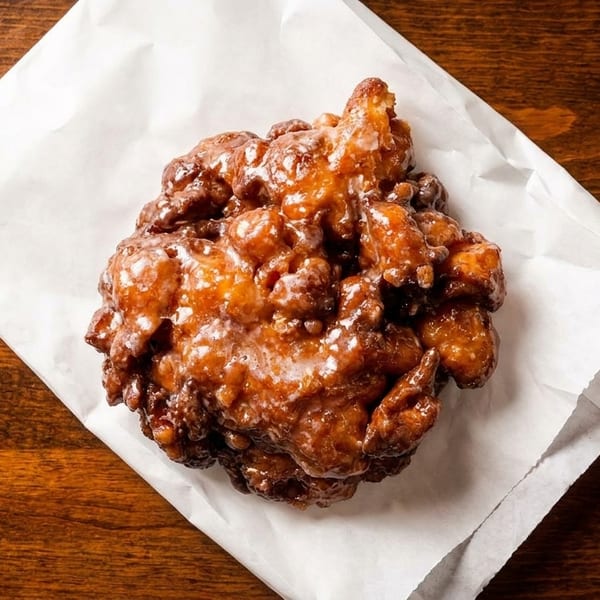 A glazed apple fritter sits on white parchment paper on a dark wooden table.