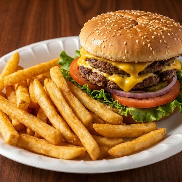 A double cheeseburger with lettuce, tomato, onion, and pickles, served with golden french fries.