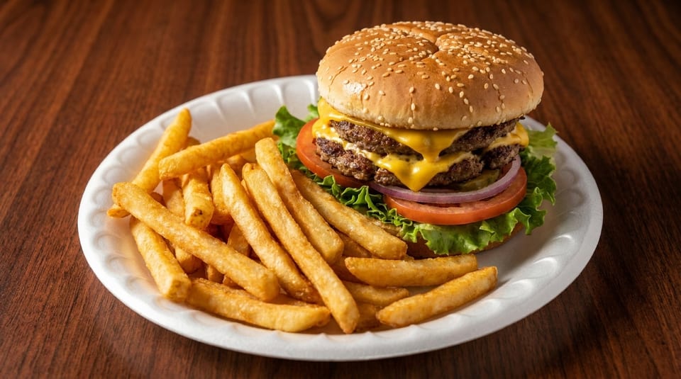 A double cheeseburger with lettuce, tomato, onion, and pickles, served with golden french fries.